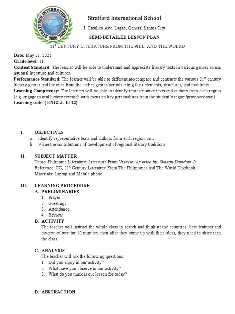 21st Century Literature Lesson Plan | PDF | Lesson Plan | Teachers