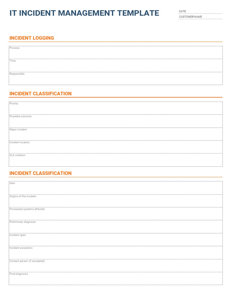 Incident management template showing logging, classification, priority, diagnosis, escalation, and resolution fields
