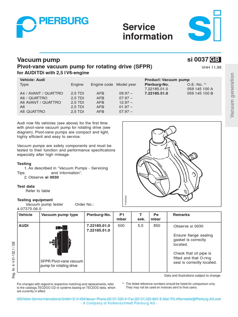 Vacuum Pump Testing Procedure and Specifications for Audi Vehicles with