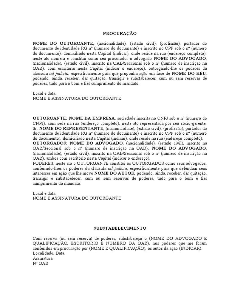 Modelo Procuração e Substabelecimento | PDF
