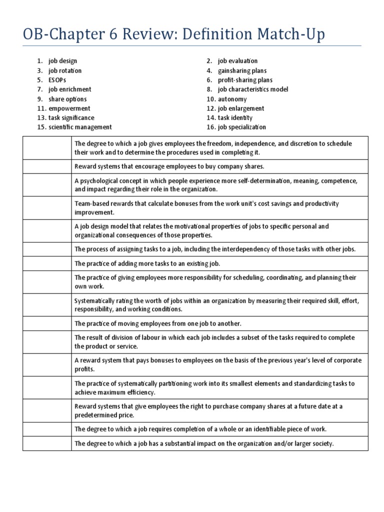Chapter 6 Definition MatchUp Handout PDF Organizational Behavior