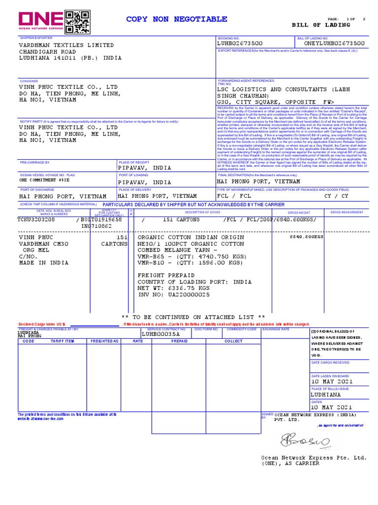 Copy Non Negotiable Bill of Lading PDF Bill Of Lading Cargo