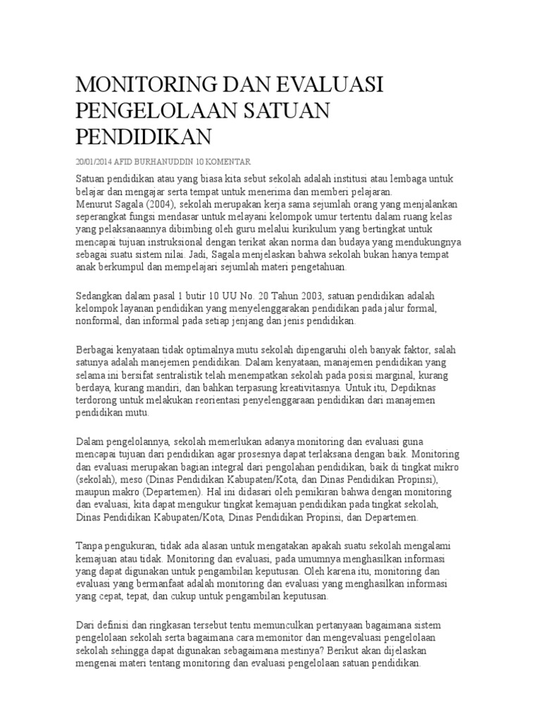 Contoh MONITORING DAN EVALUASI PENGELOLAAN SATUAN PENDIDIKAN | PDF ...