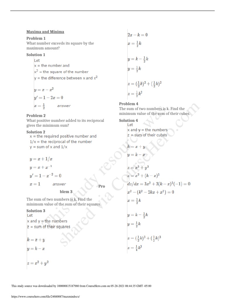 This Study Resource Was: Maxima and Minima Problem 1 | PDF | Triangle ...