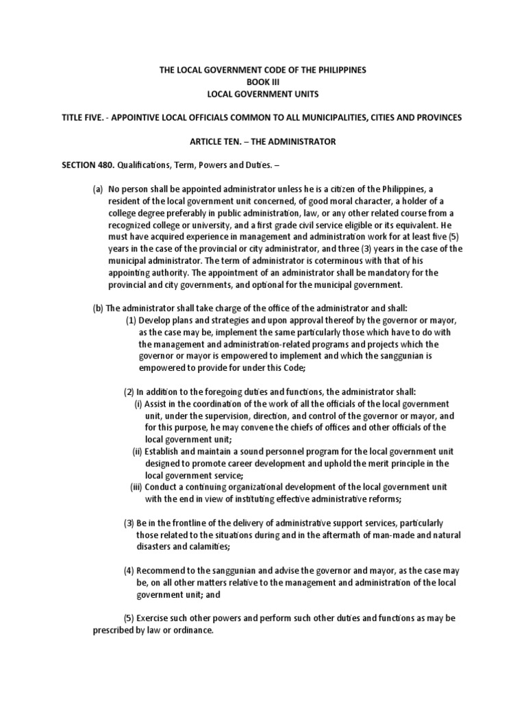 Local Government Code: Administrator Role | PDF | Local Government ...