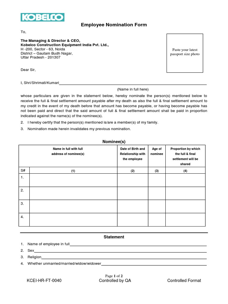Employee Nomination Form PDF Government And Personhood Government