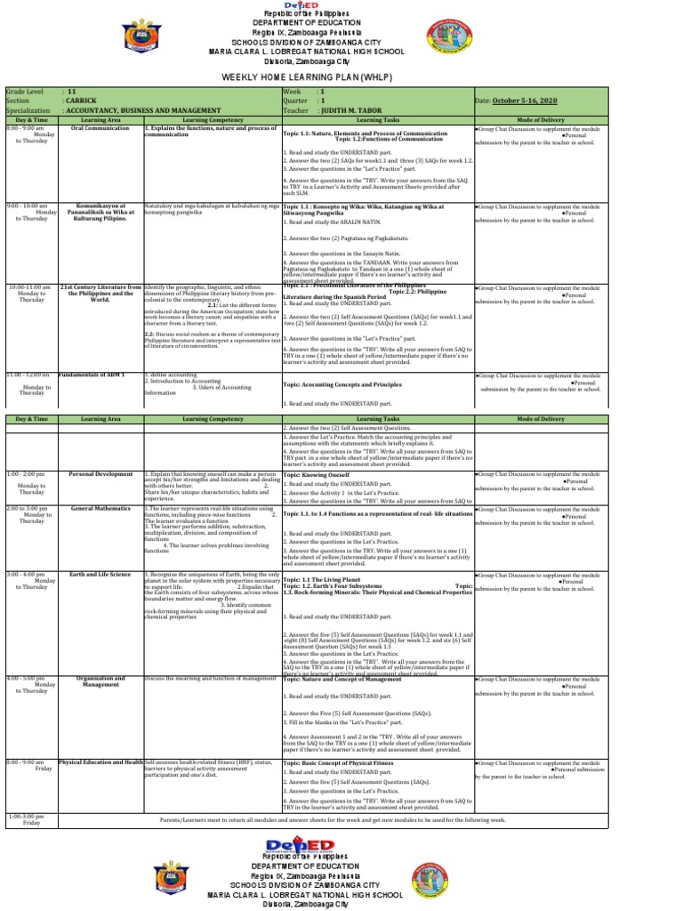 Weekly Home Learning Plan 2020 | PDF | Function (Mathematics ...