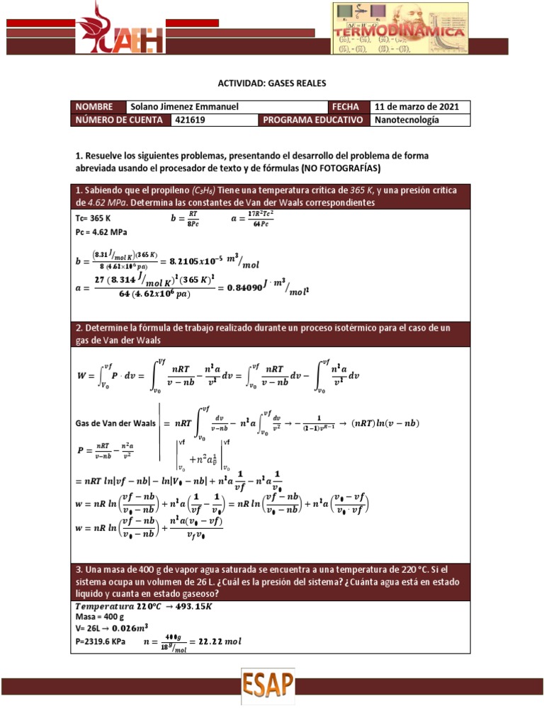 Cálculos de Gases Reales y Van der Waals | PDF | Gases | Presión