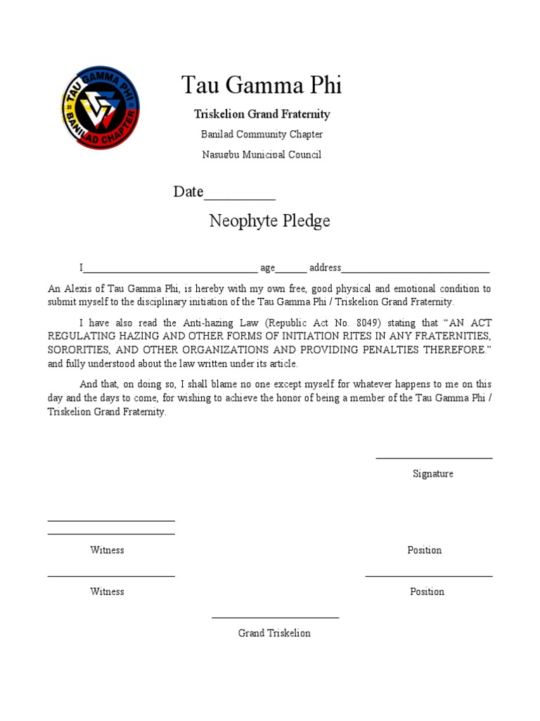 Tau Gamma Phi: Neophyte Pledge | PDF