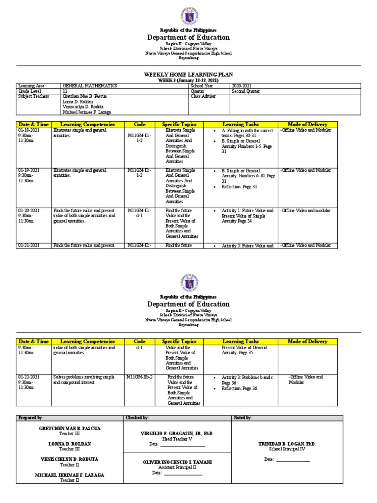2.3general Math Week 3weekly Home Learning Plan | PDF | Pedagogy ...