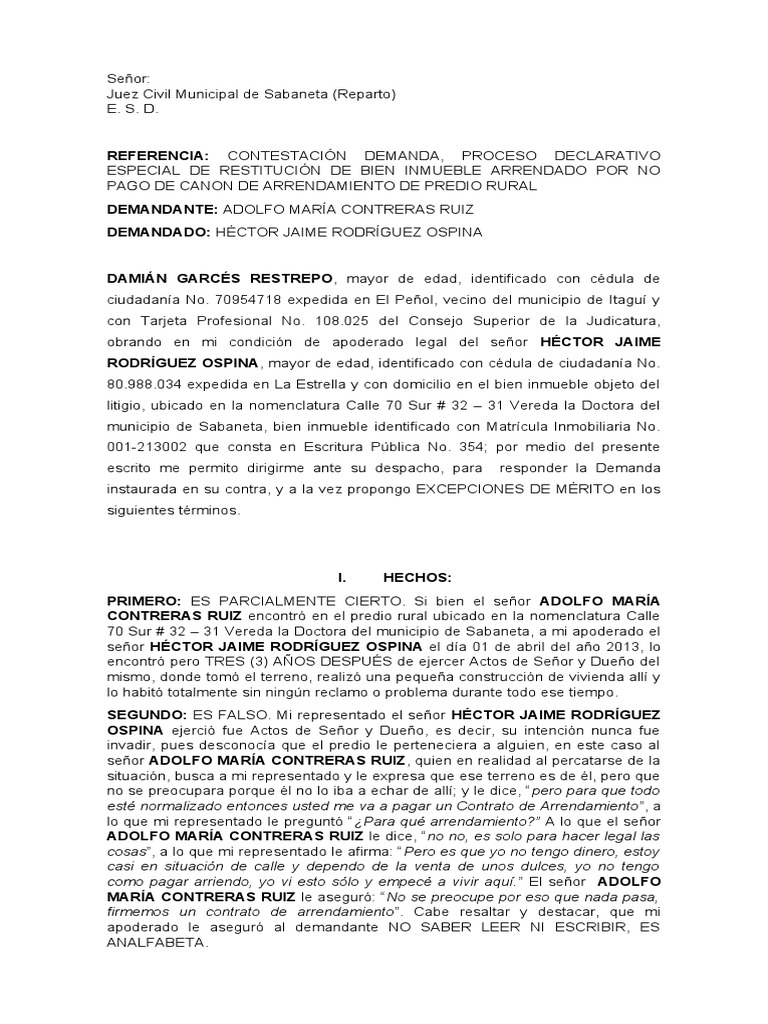 Contestación a demanda de arrendamiento | PDF | Derecho inmobiliario