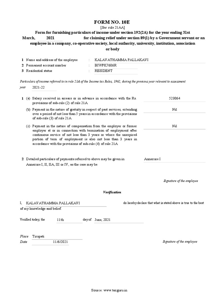 Form 10E: Income Tax Relief Details | PDF | Employment | Salary