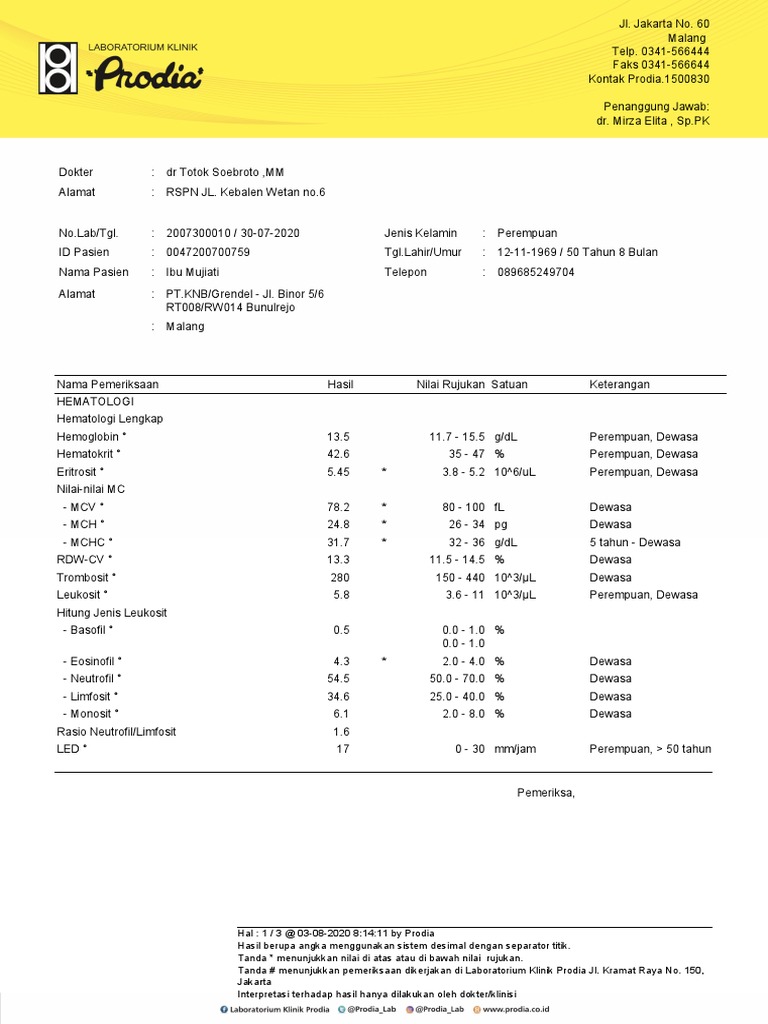Hasil Pemeriksaan Laboratorium Prodia | PDF