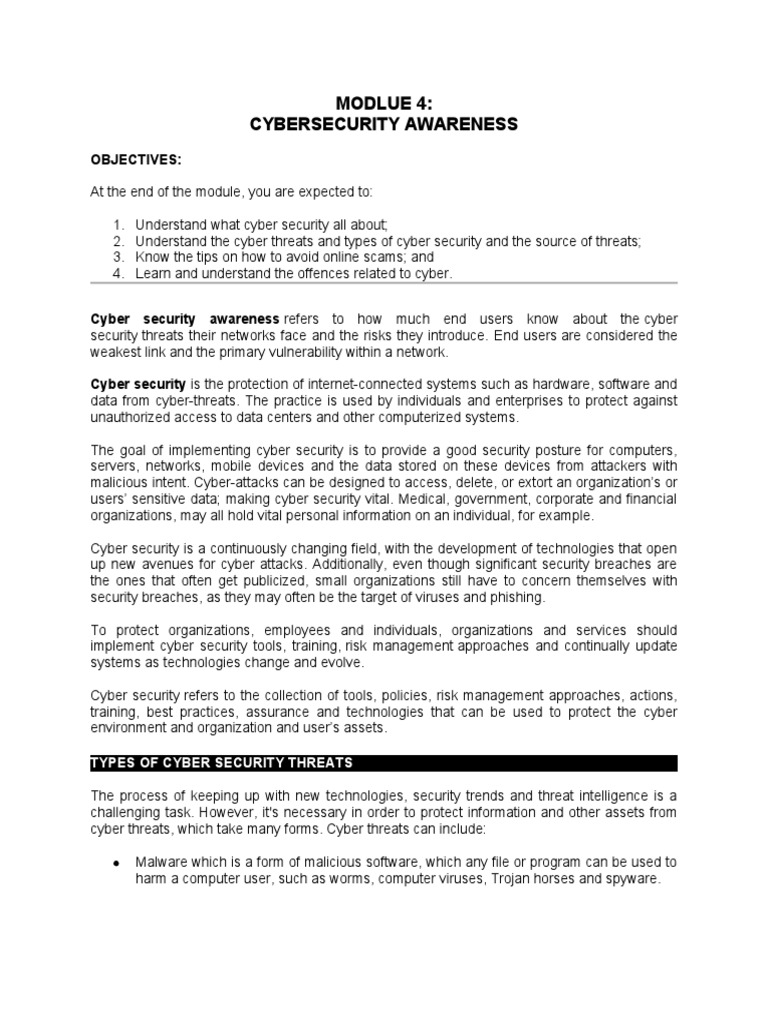 Modlue 4 Cybersecurity Awareness Objectives PDF Computer Security