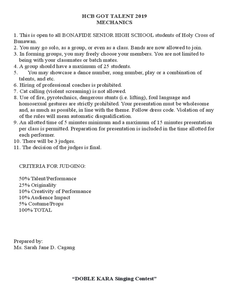 HCB Got Talent 2019 Contest Mechanics | PDF | Performing Arts ...