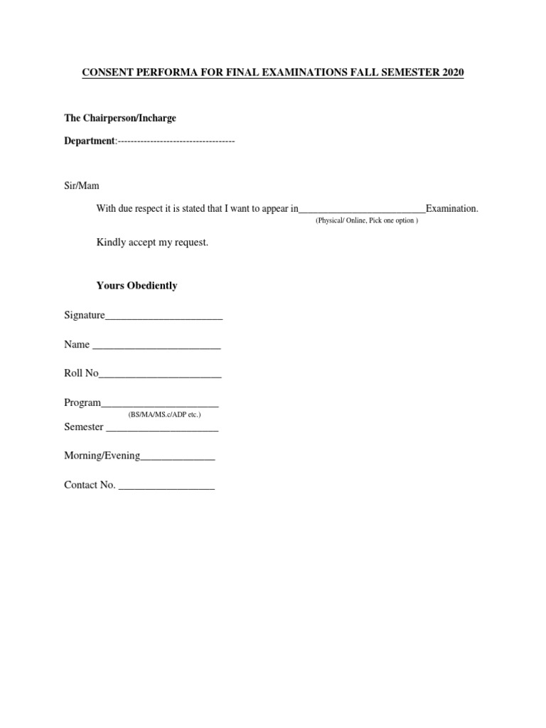 Consent Performa For Exams Fall 2020 | PDF