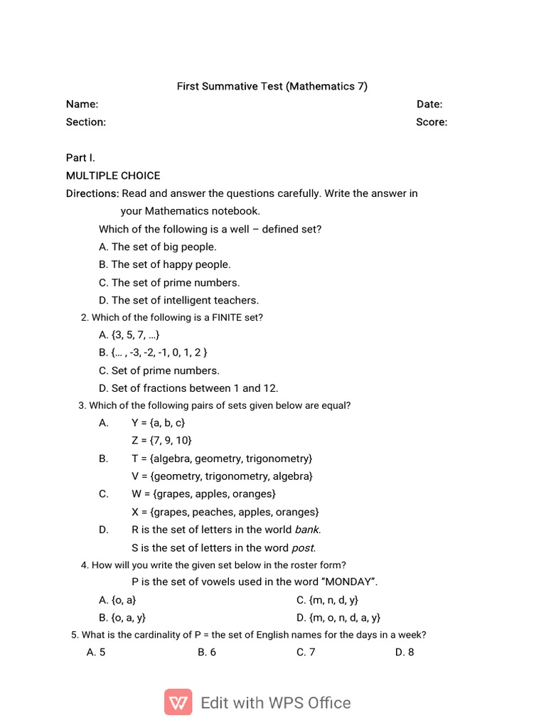 Mathematics 7 Summative Test | PDF