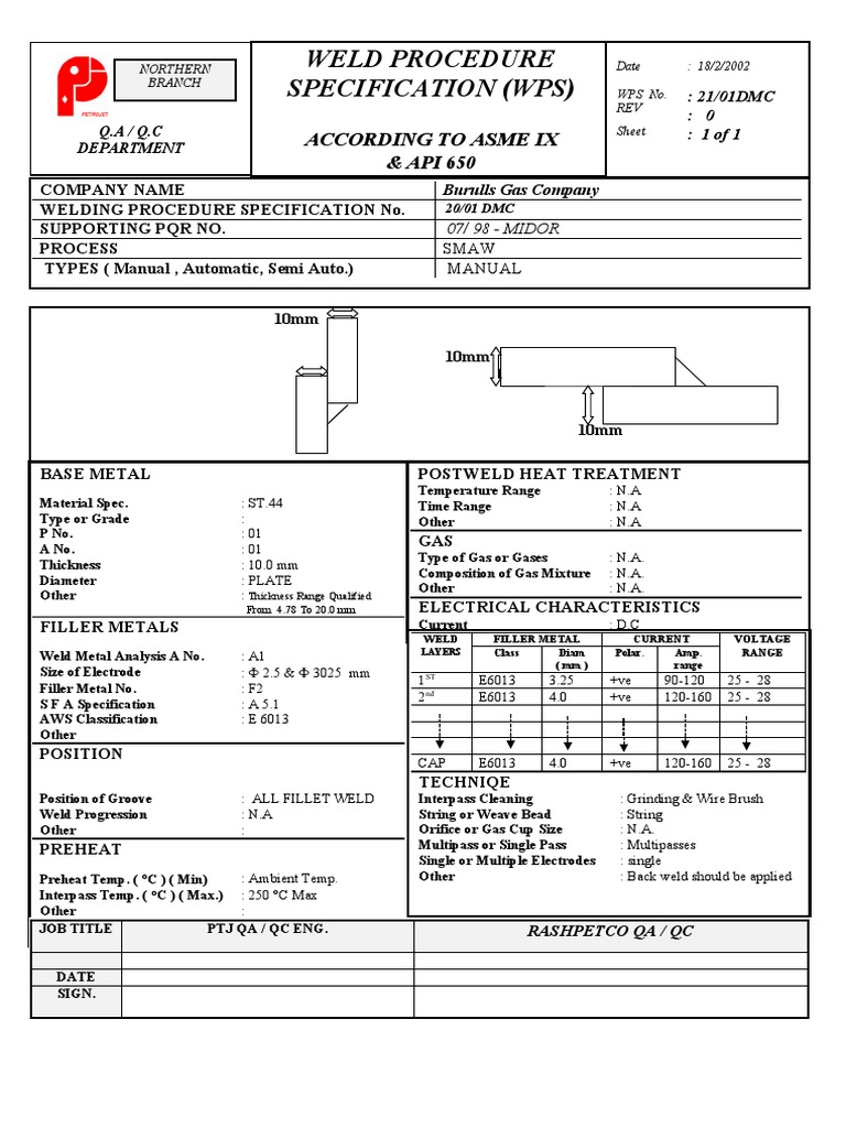 Weld Procedure Specification (WPS) : According To Asme Ix & | PDF ...