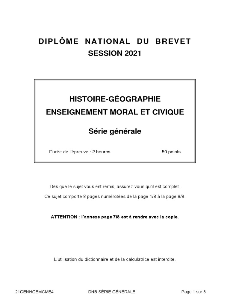 Sujet Brevet Histoire Géographie Emc Brevet 2021 - Histoire-Géographie - Série Générale | PDF | France | Science