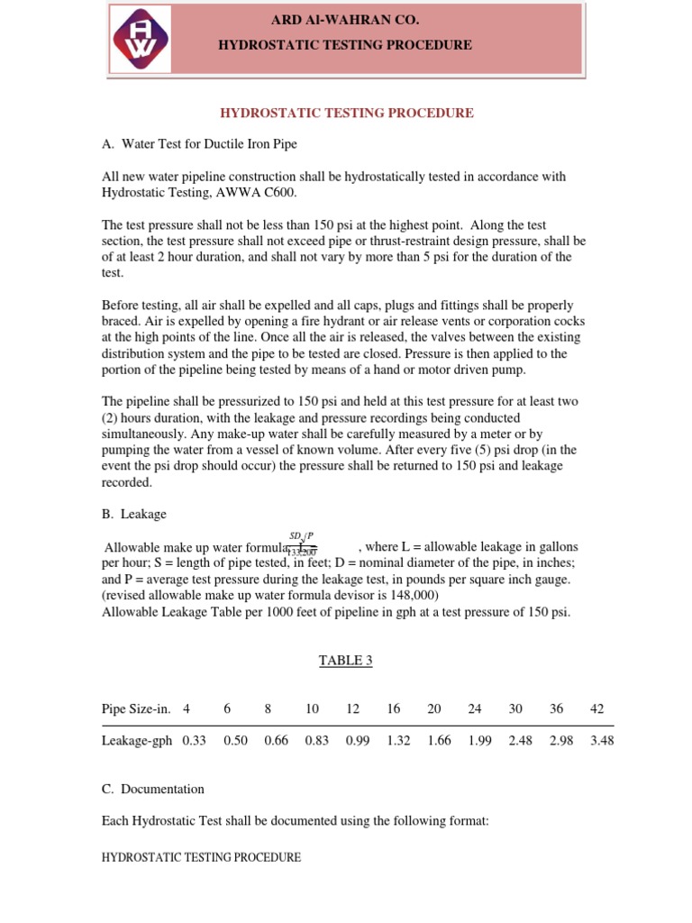 Hydrostatic Testing Procedure for Pipelines | PDF | Pipe (Fluid ...