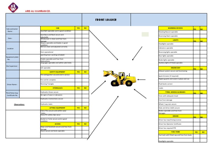 Front Loader Safety Inspection Checklist | PDF | Transportation ...