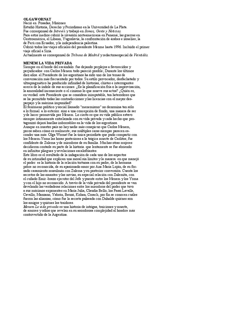 Menem La Vida Privada - Olga Wornat | PDF | Política (general) | Gobierno