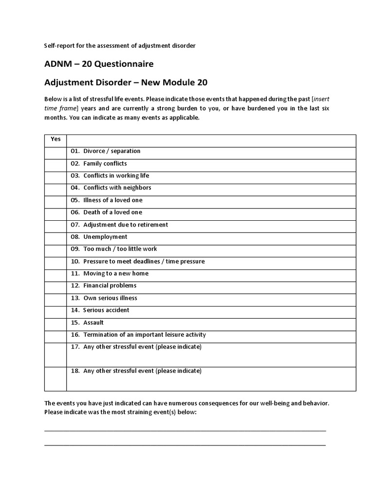 Assessing Adjustment Disorder A SelfReport Questionnaire for