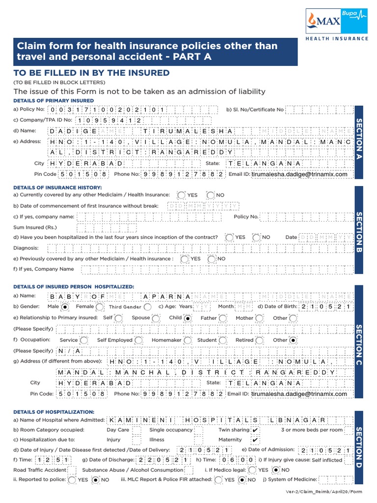 Claim Form For Health Insurance Policies Other Than Travel and Personal