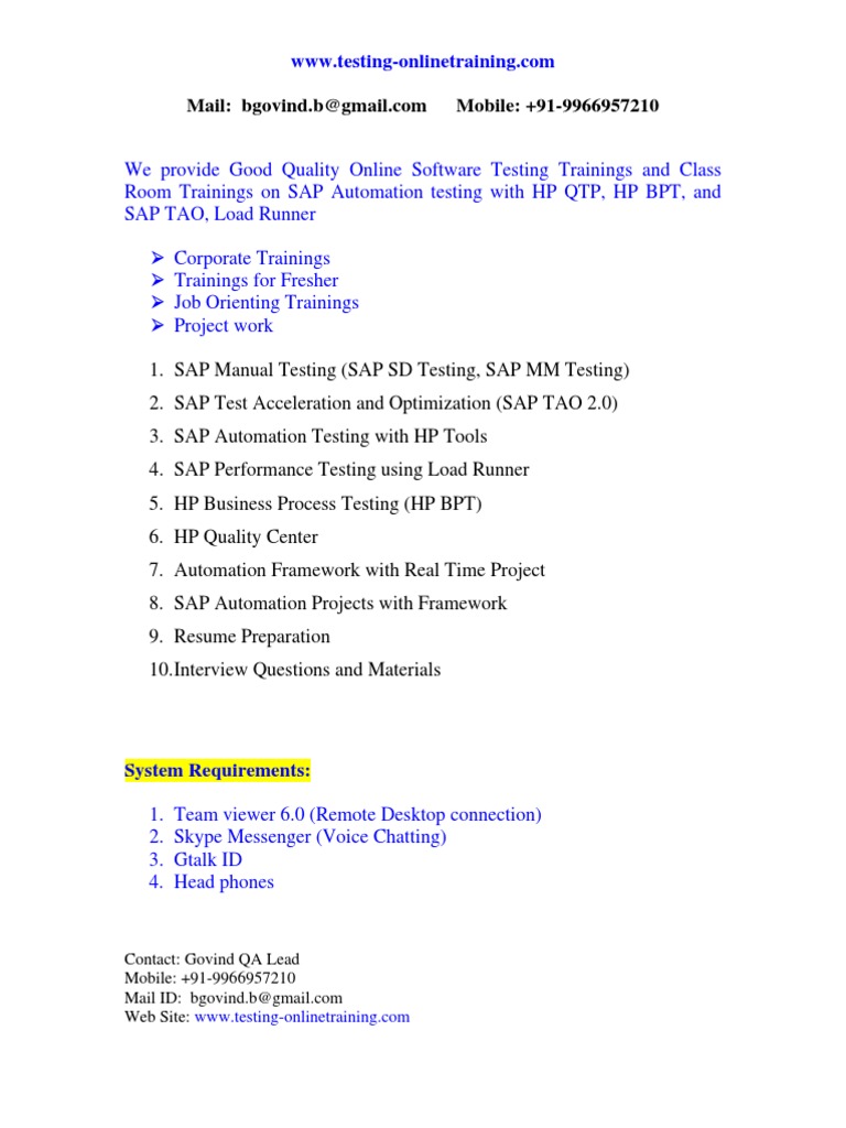 Online Testing on SAP TAO Trainings, BPT, TAO, Testing, QTP, Online