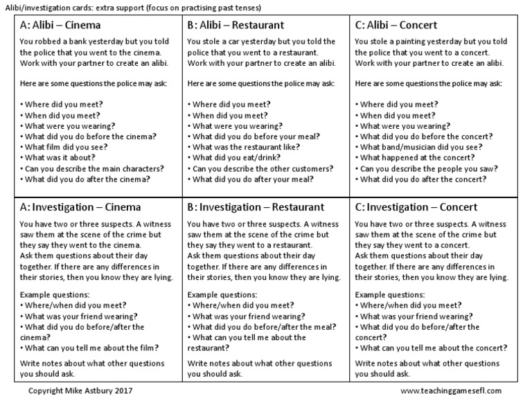 Alibi and Investigation Cards Teachinggamesefl1 | PDF | Violence