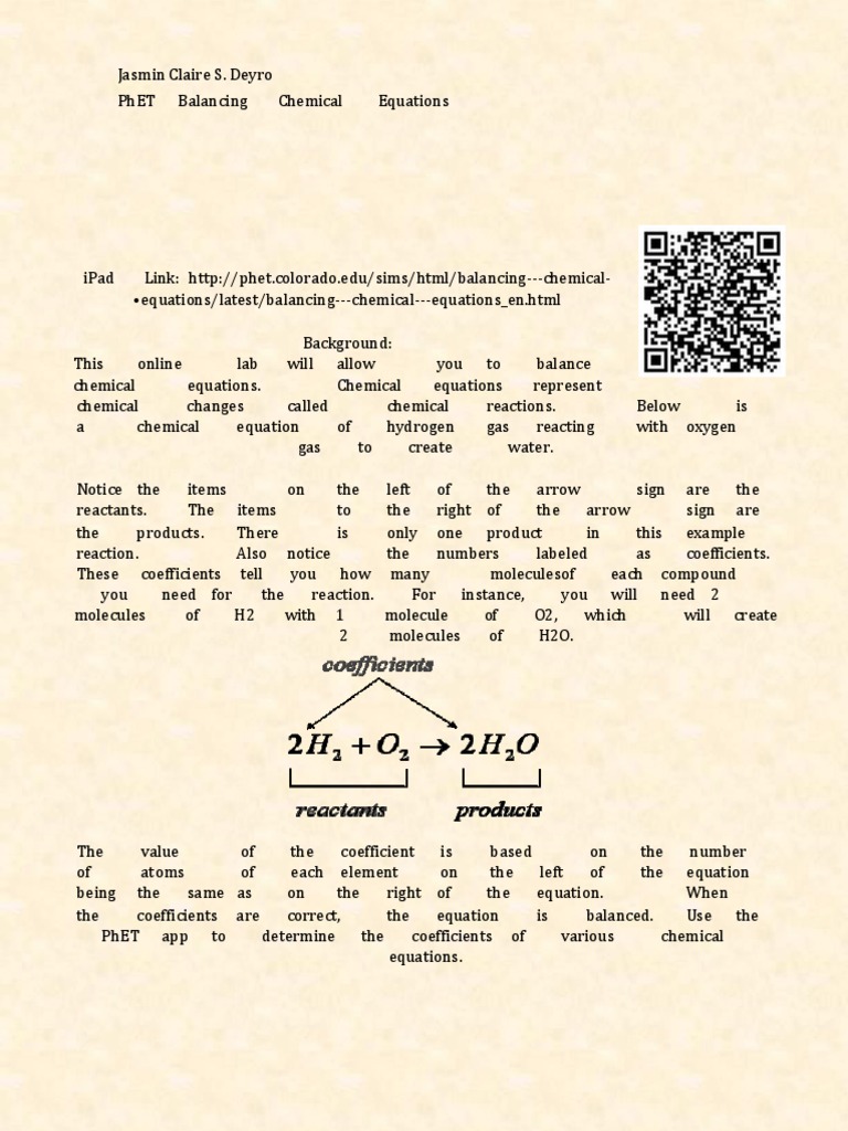 PhET Balancing Chemical Equations DEYRO PDF Chemical Reactions