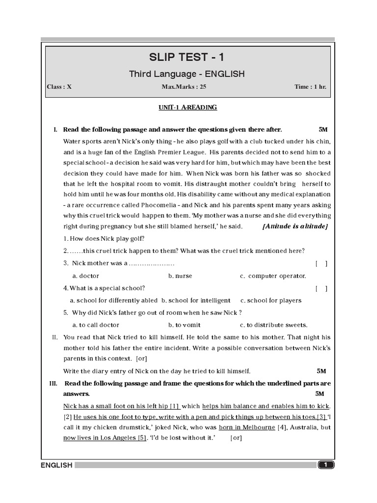 Slip Test - 1: Third Language - ENGLISH | PDF | English Language ...