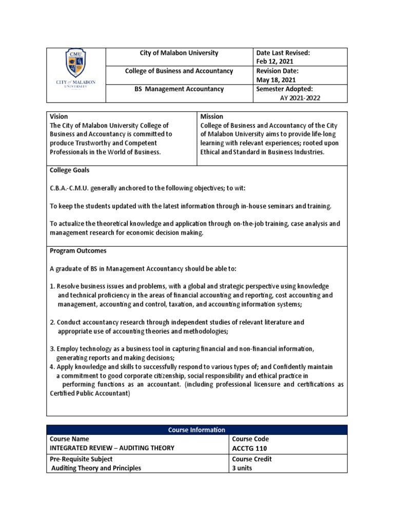 Malabon University Auditing Course Overview | PDF | Audit | Auditor's ...