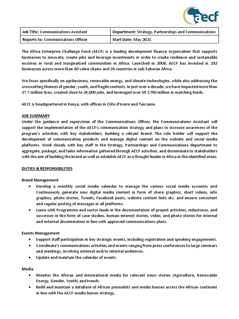 Communications Assistant Job at AECF | PDF | Social Media | Popular ...