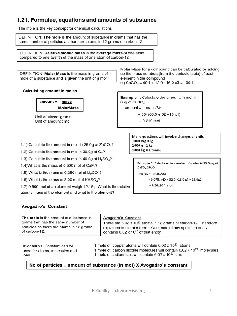 1.21 Moles and Formulae | PDF | Mole (Unit) | Chemistry