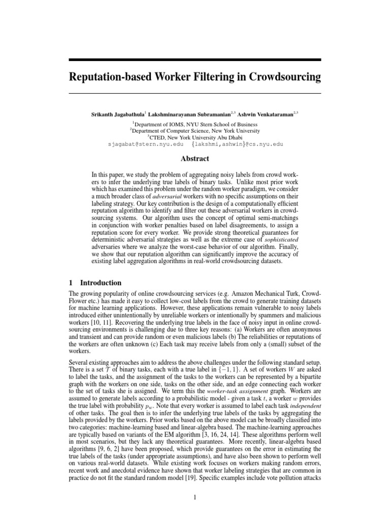 Reputation-Based Worker Filtering in Crowdsourcing | PDF | Load ...