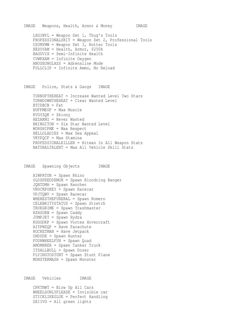 Gta San Andreas Cheats | PDF | Weaponry | Leisure