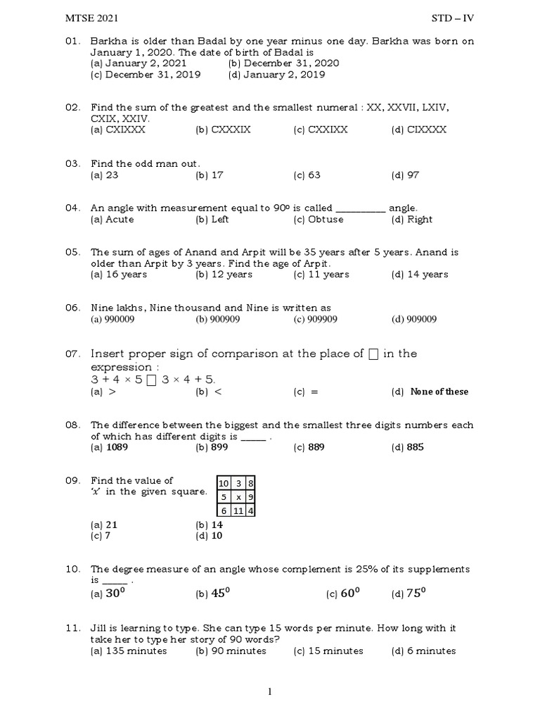 MTSE 2021 STD - IV Maths and English Questions | PDF | Number Theory ...