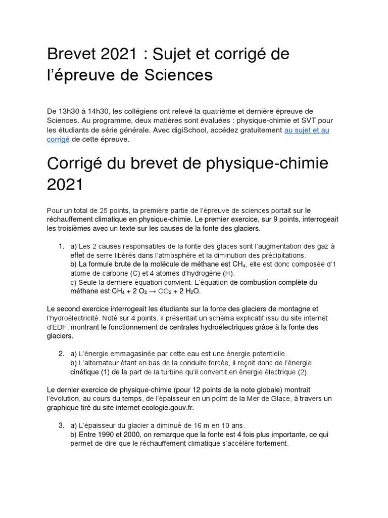 Sujet Brevet Physique Chimie Avec Corrigé 2017 Pdf Article RTL - Corrigé de L'épreuve de Sciences - Brevet 2021 (1) - Converti  | PDF | Méthane | Photosynthèse