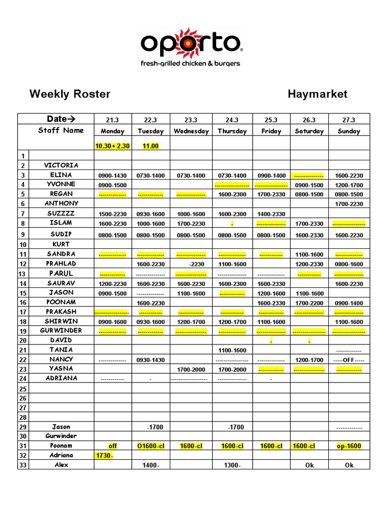 Haymarket Weekly Staff Roster | PDF | Sports | Leisure