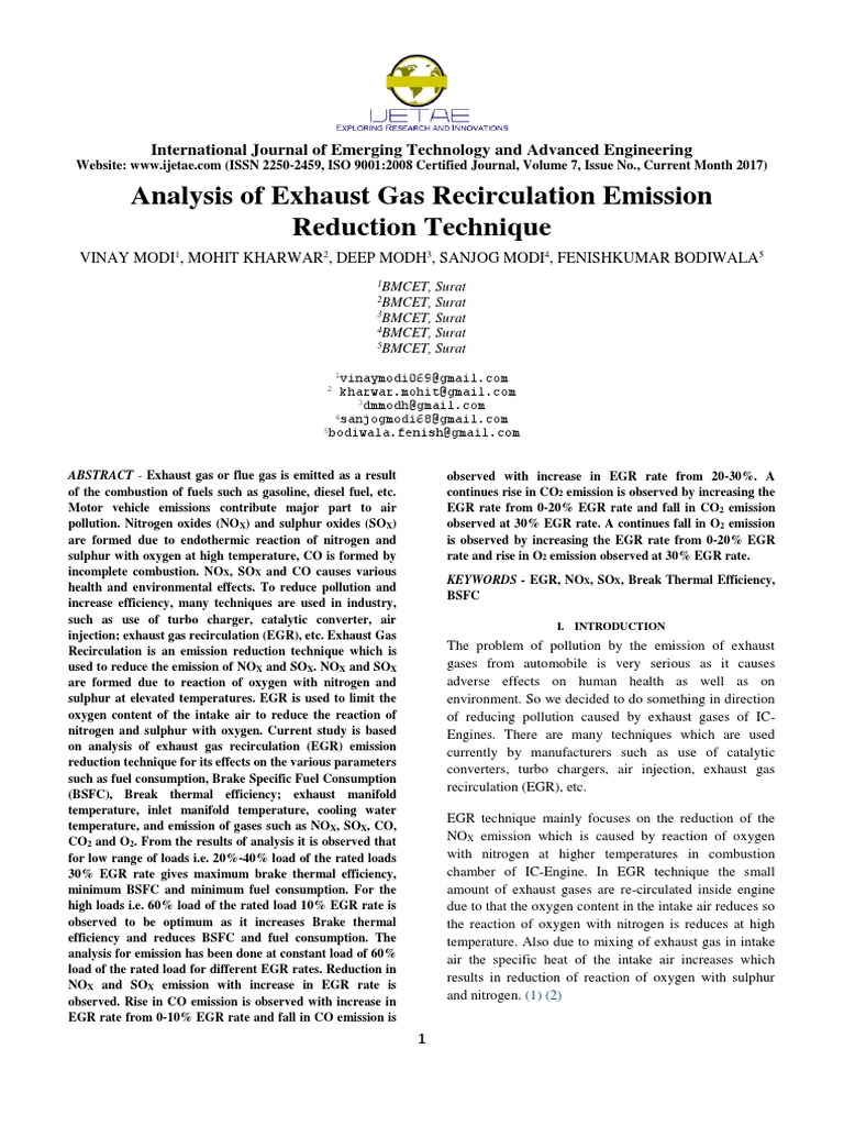Analysis of Exhaust Gas Recirculation Emission Reduction Technique ...