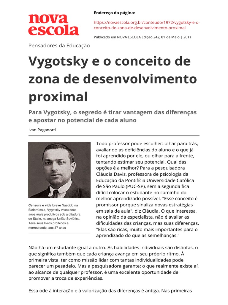 Vygotsky e o Conceito de Zona de Desenvolvimento Proximal | PDF ...