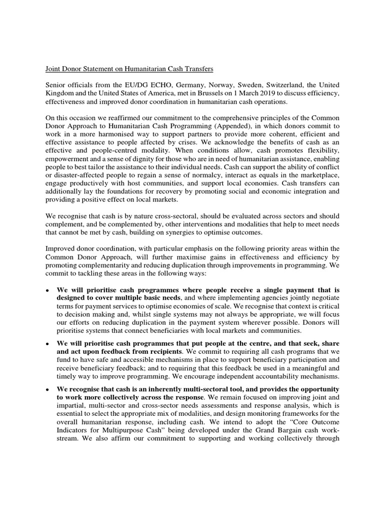 Cash Donor Statement | PDF | Humanitarian Aid | Policy