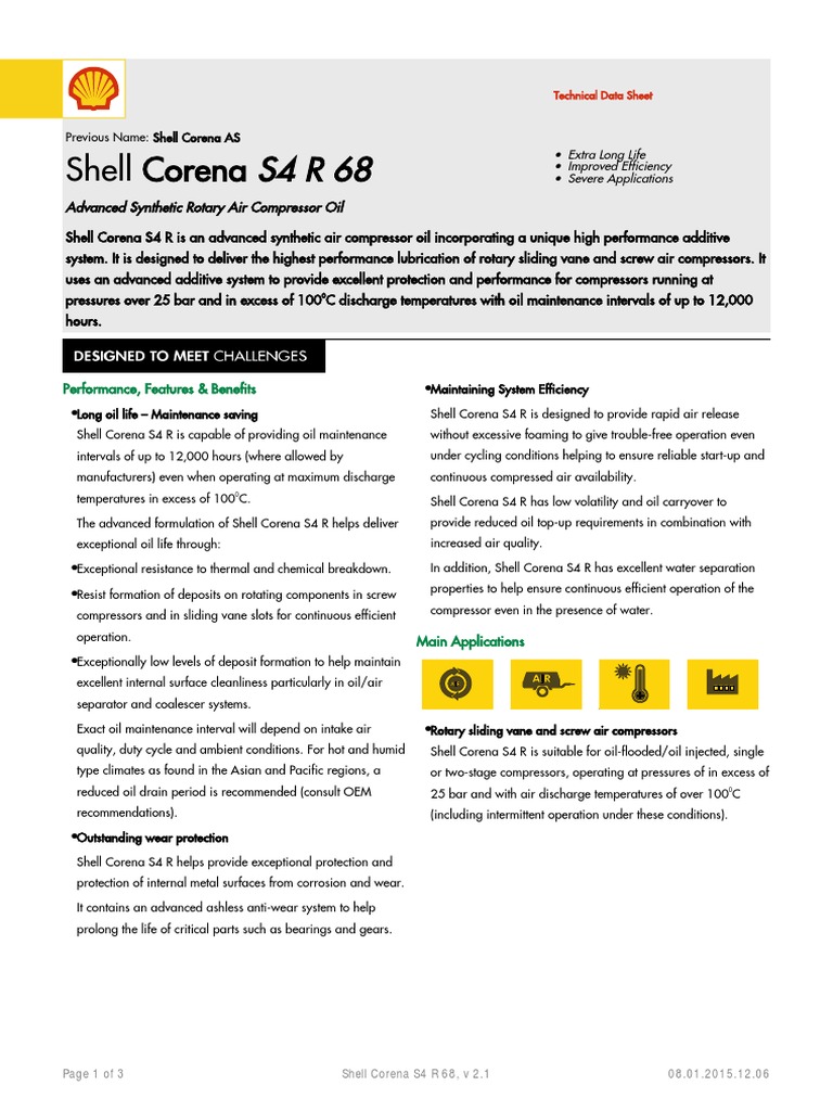 Shell Corena S4 R 68 Technical Data Sheet | PDF | Viscosity | Turbocharger