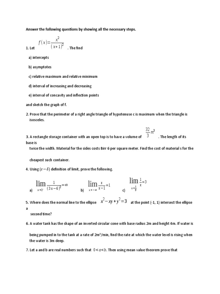 Math Problems: Functions, Geometry, Limits | PDF