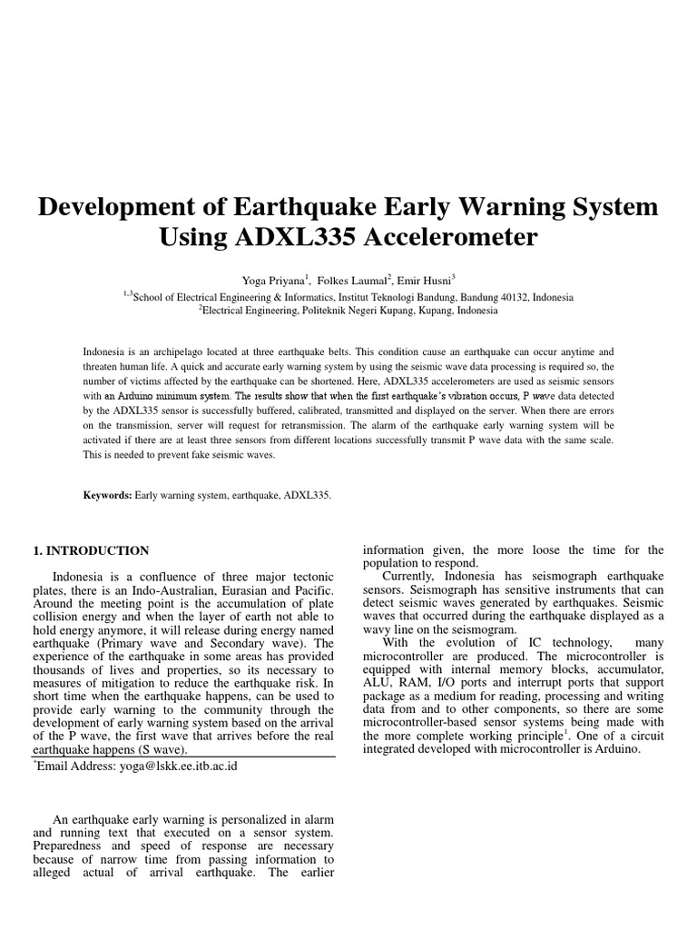 Development of Earthquake Early Warning System Using ADXL335 Accelerometer PDF Seismology
