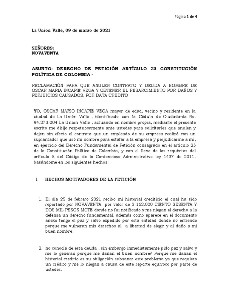 Derecho de Peticion Por Suplantacion en Colombia | PDF | Petición ...