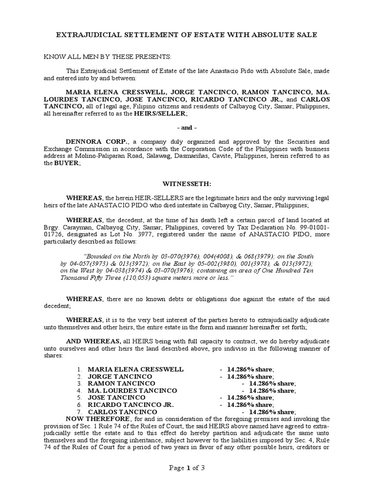 Extrajudicial Settlement of Estate With Absolute Sale - Tancinco ...