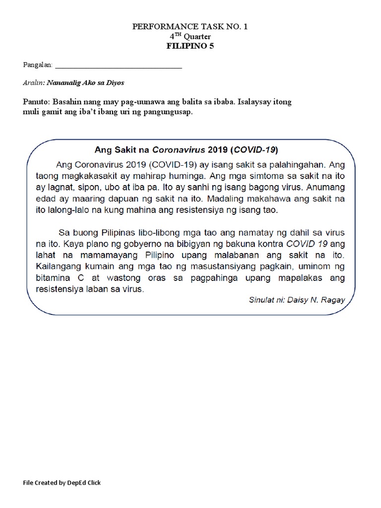 Filipino5 Performancetask1 Q4 | PDF