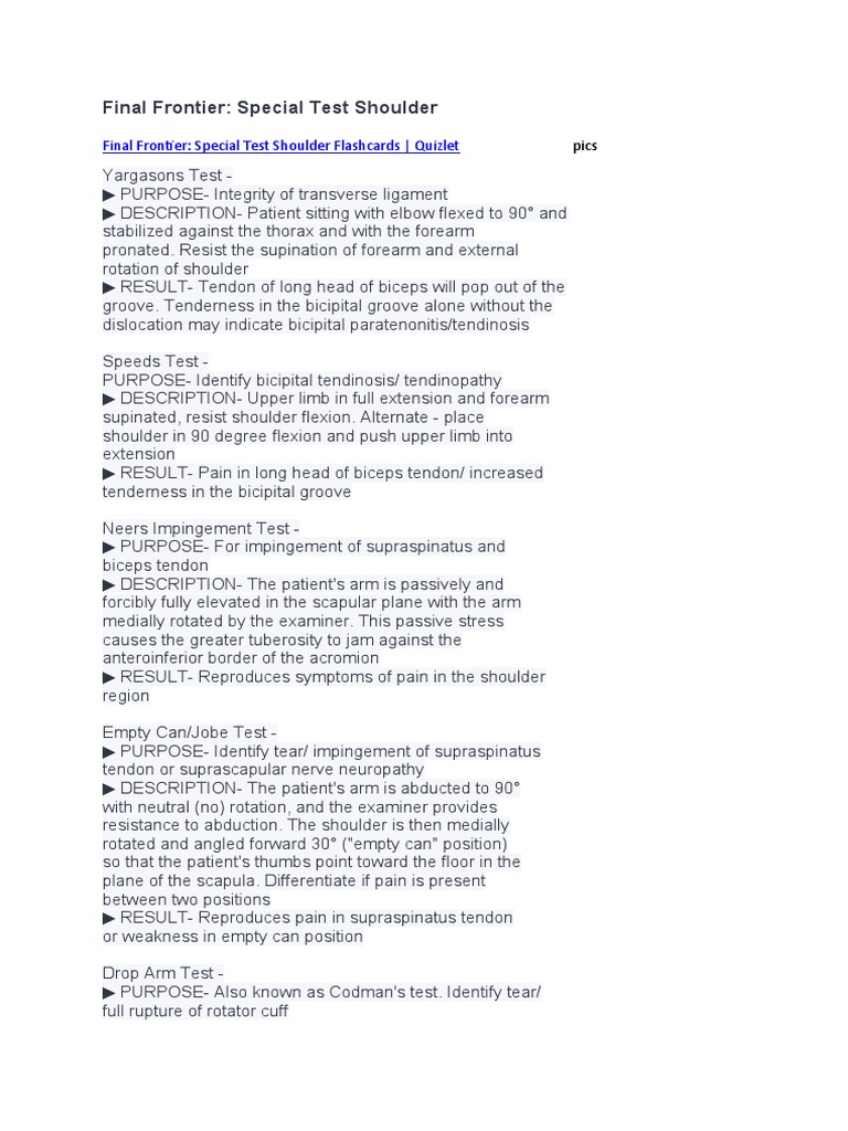 Special Tests for Shoulder Assessment | PDF | Anatomical Terms Of ...